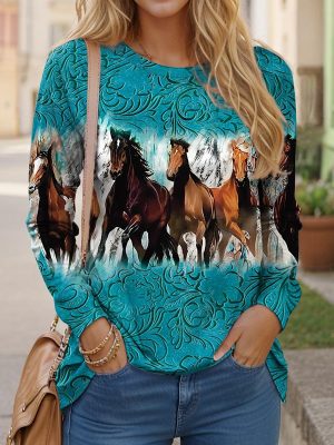 Horse Print Long Sleeve T-shirt for Regular Daily Wear