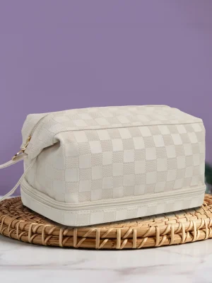 Stylish Beige Checkerboard Cosmetic Bag