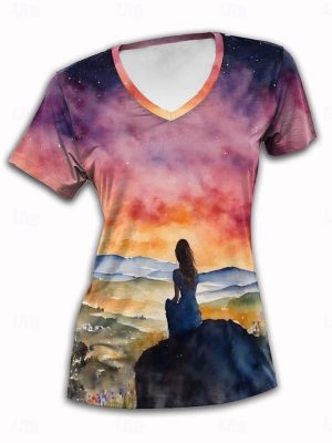 Ombre Cat Print T-shirt for Daily Casual Summer Wear